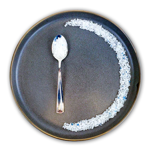 Blue Persian Salt crystals in plate – bold gourmet salt sourced for NYC kitchens from New York
