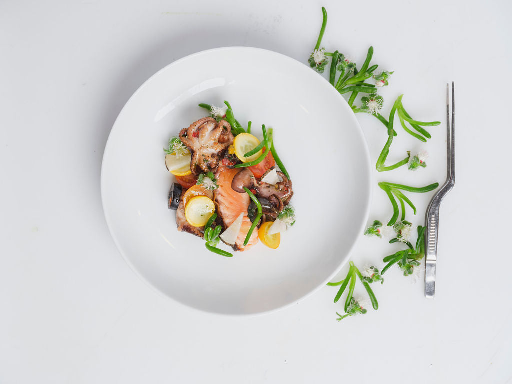Salty Fingers plated on gourmet dish – coastal greens featured in NYC restaurant cuisine, sourced from Long Island, NY